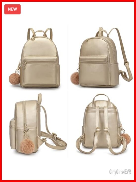 10 Inch Mini PU Backpack with D-Ring & Removable Fluffy Ball Charm for Women